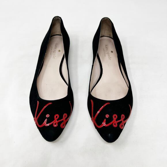 [Kate Spade] Black Red Emmie Kiss Kiss Lipstick Pointed Toe Ballet Flats Sz 5.5 - Picture 1 of 11